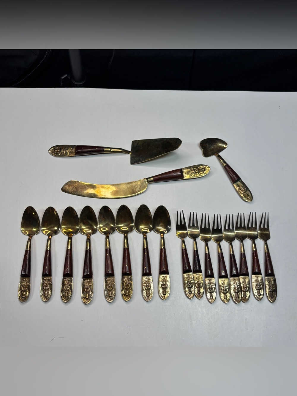 Vintage 1950's MCM Siam Bronze Wood Flatware 19Piece Set Buddha Thailand